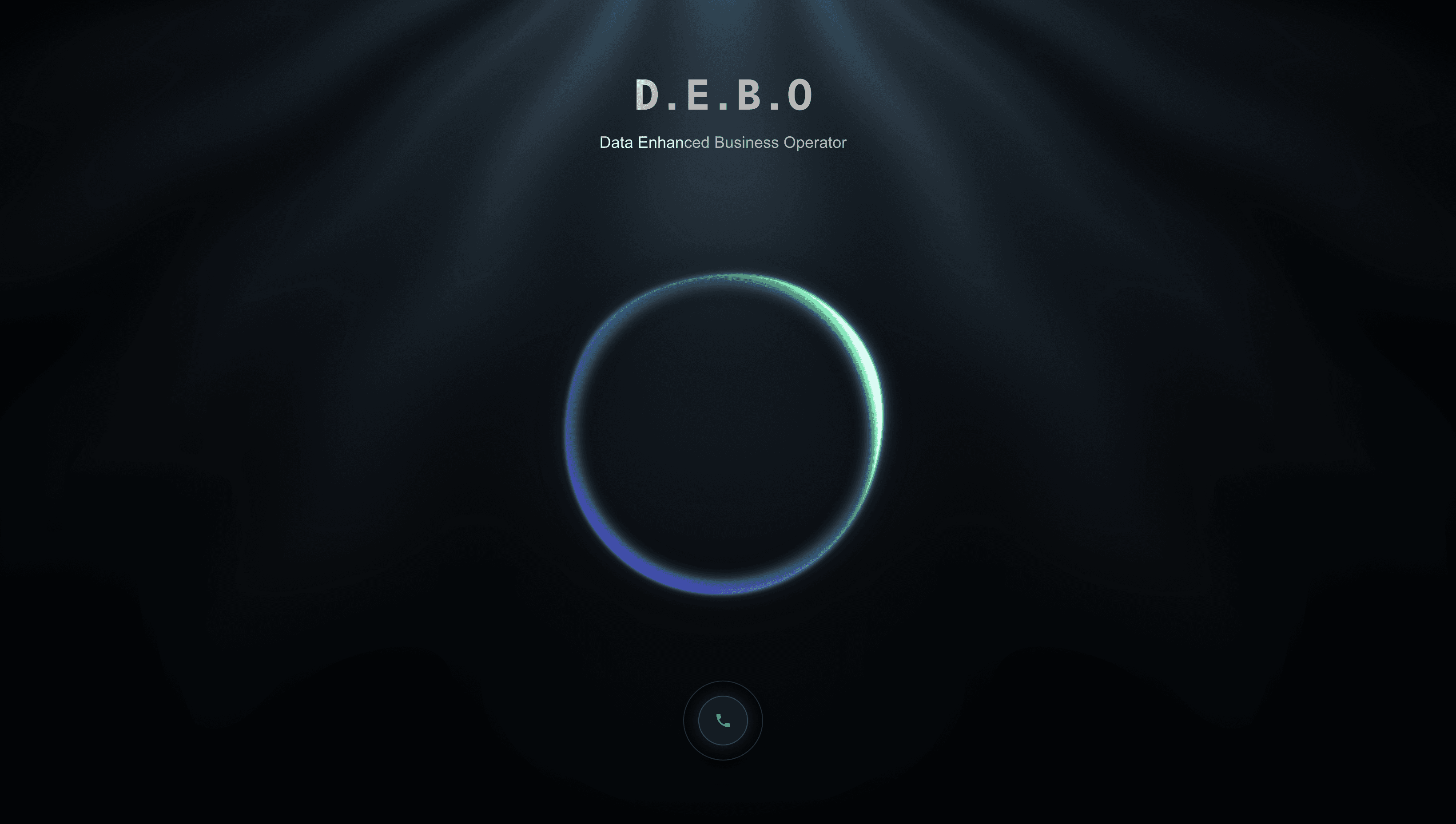 The D.E.B.O. voice agent interface: the name and its expansion, Data Enhanced Business Operator, above a glowing orb and a call button