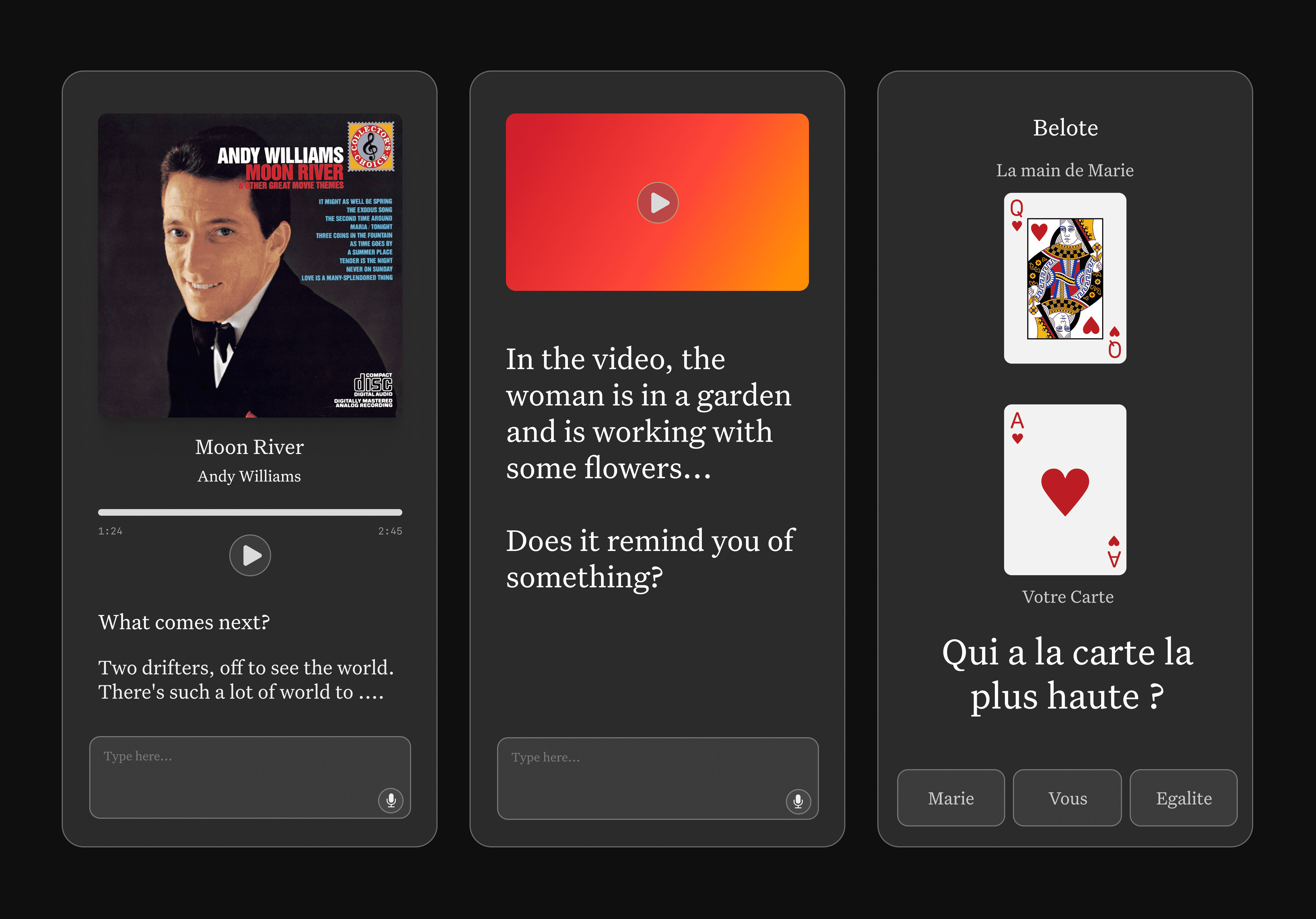 Three DORY mini-games: a lyric-completion game for the song Moon River, a video-based reminiscence prompt, and a French Belote card game